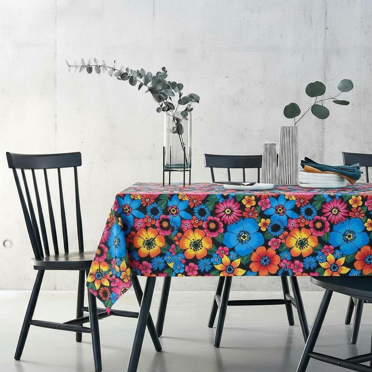Protecttable - Mexicaans Tafelzeil Bloemenregen Zwart 120x200cm - Tafelkleed Afwasbaar - Kunststof