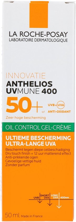La Roche-Posay Anthelios UVMUNE 400 SPF 50+ zonnebrandcrème in oranje en witte verpakking. Text: "Zeer hoge bescherming", "Oil Control Gel-Crème"