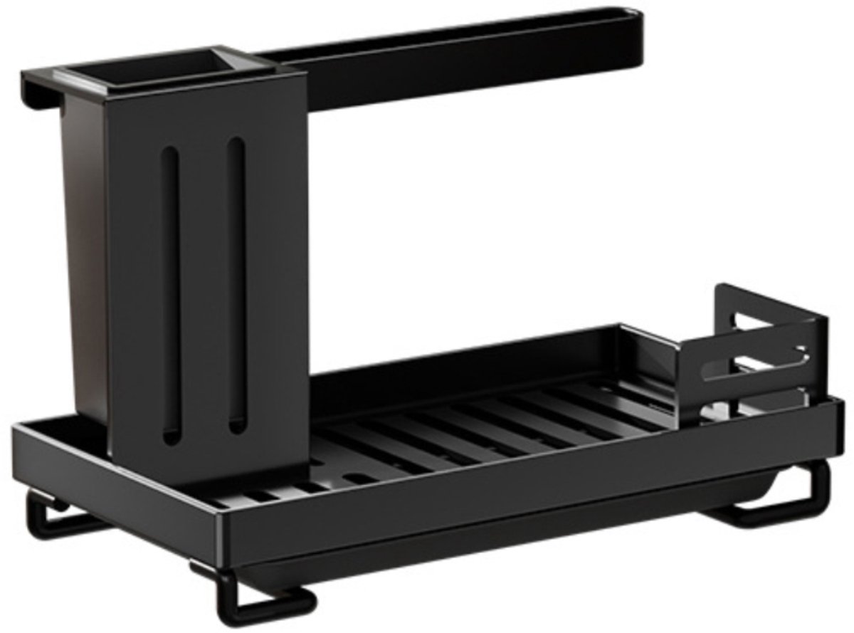 Gigicial Gootsteen organizer - Keuken organizer - Compact en stijlvol met lekbak en borstelhouder - 1 - Geschikt voor aanrecht of badkamer, Zwart