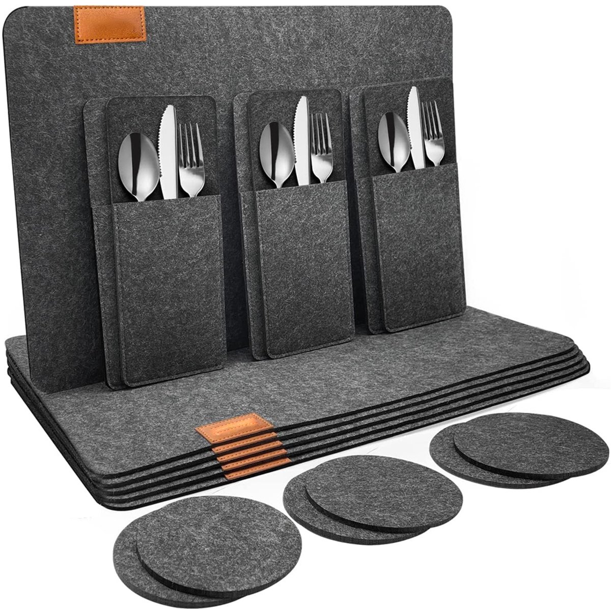 Gigicial Wasbare placemats - Wasbare tafelmatten - 3-in-1 set met onderzetters en bestektas - 18-delige set - Geschikt voor eettafels en keukens, Houtskoolgrijs