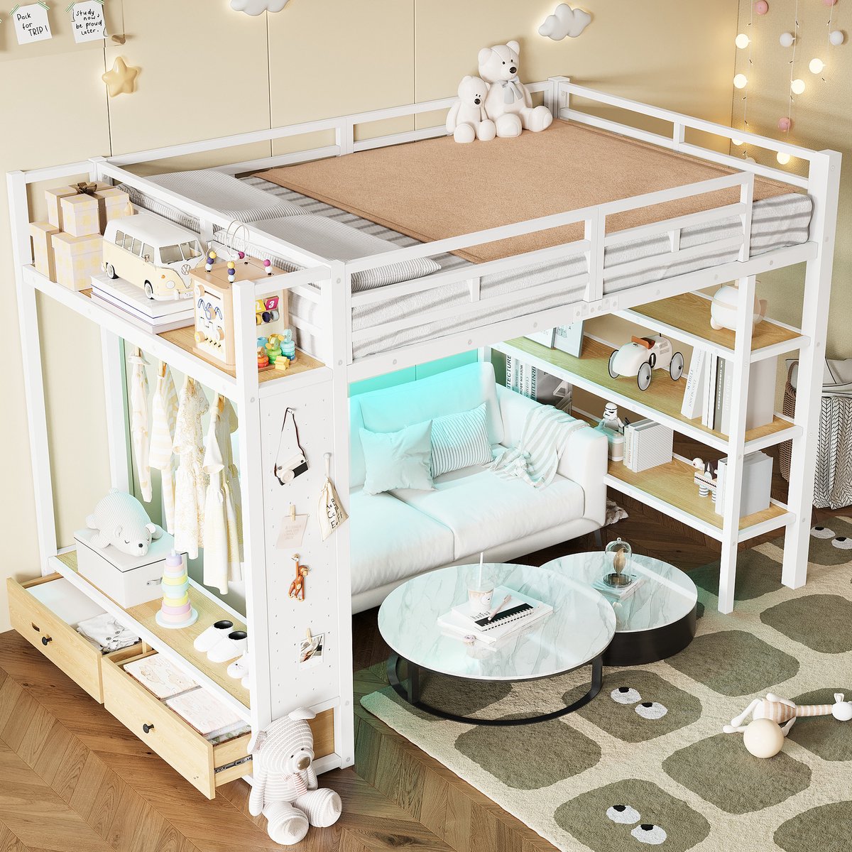 HAUSS SPOLE Hoogslaper 140x200cm - Met Open Kledingkast En Schappen - Met Multifunctioneel Gatenbord En Ledverlichting - Met Trap En Valbeveiliging - Zonder matras - MDF Metaal - Wit