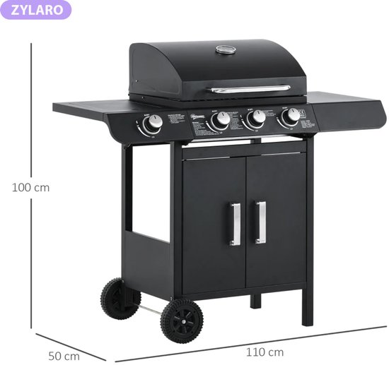 Gasbarbecue - Gasbarbecue en grill - 3 Branders + 1 Zijbrander - Met Thermometer, Opbergplank en Warmhoudplaten - Zwart van Merkloos — afbeelding 4