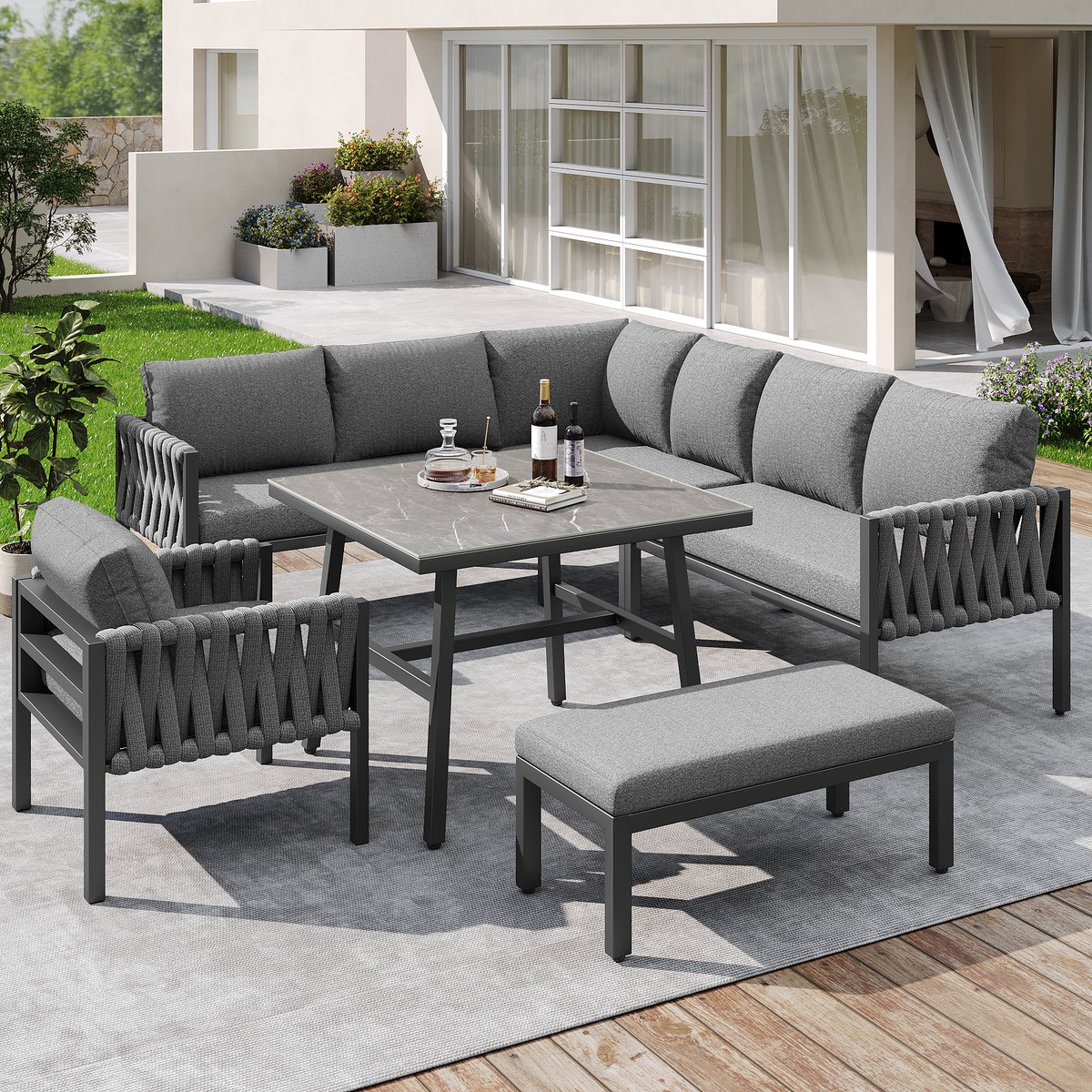 HAUSS SPOLE Tuinmeubelset 5-Delig - Hoekbank Met Tafel - Verstelbare Poten - Verzinkt Metalen Frame - Grijs