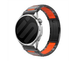 Strap-it Stalen hybrid 'One Push' bandje geschikt voor geschikt voor Samsung Galaxy Watch 3 45mm / Watch 1 46mm / Gear S3 - Polar Vantage M3 / M2 / M / V3 / Polar Grit X / X Pro - Huawei Watch GT 1/2/3/4 46mm / GT 5 (Pro) (46mm) (Zwart/Oranje)