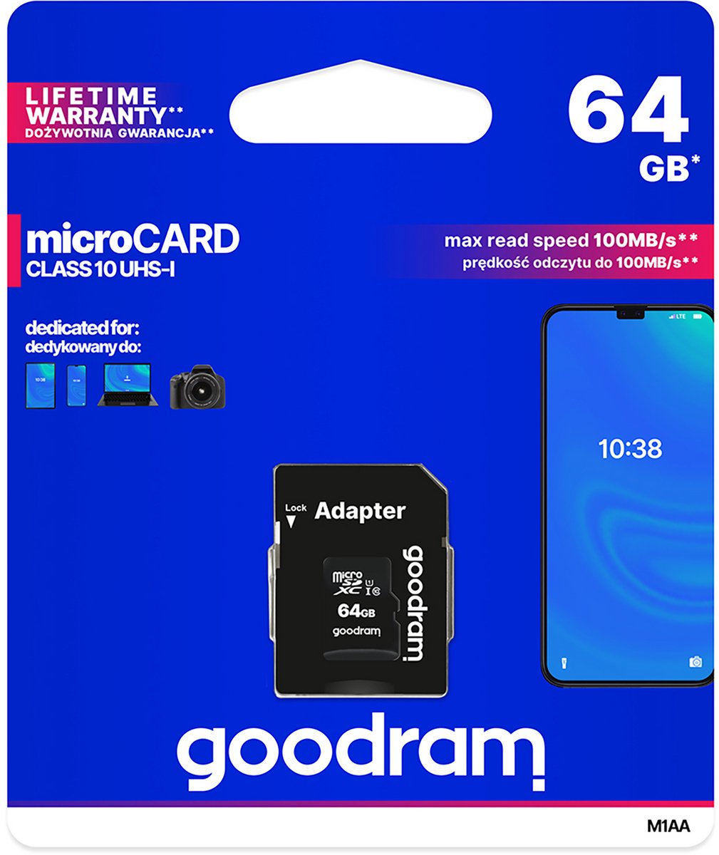 Goodram - MicroSD Geheugenkaart - 64 GB - Klasse 10 UHS-I - Inclusief Adapter