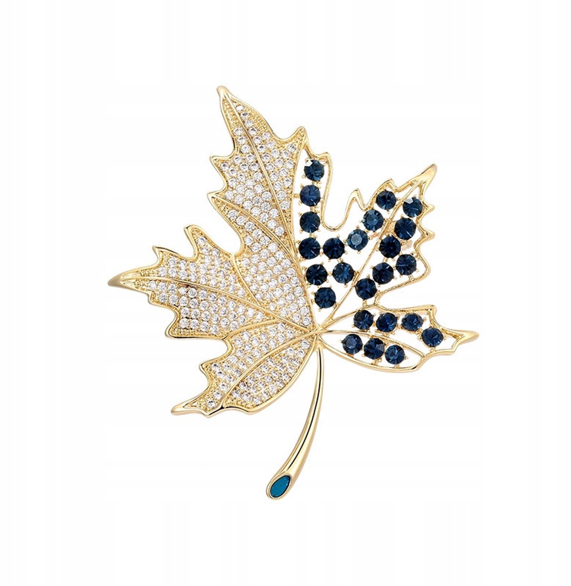 Pinets Serie - Vergulde Broche - Bladmotief - Witte en Blauwe Zirconia's