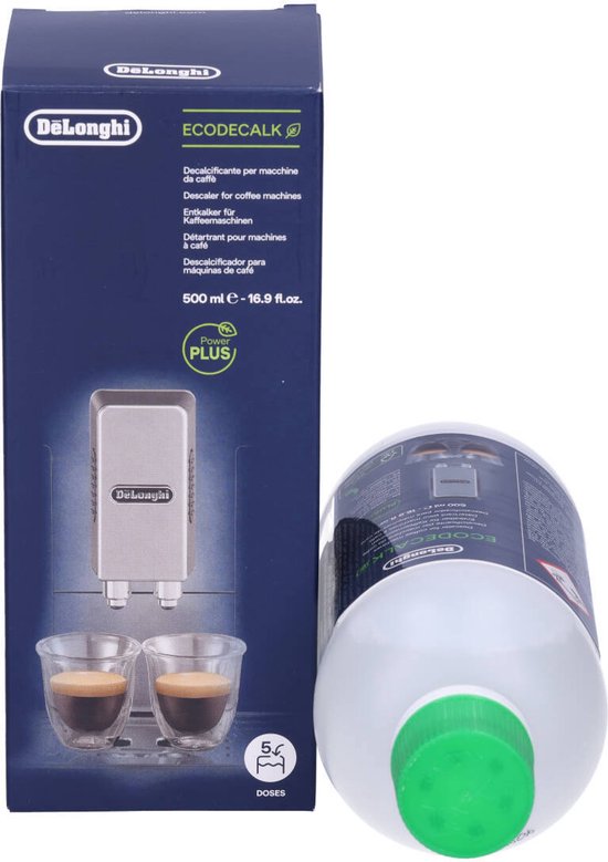 Pak en fles De'Longhi EcoDecalk ontkalker met twee espresso's.
