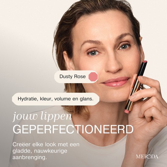 Model met een lippenstift van "Dusty Rose" in de hand. Tekst: "Hydratatie, kleur, volume en glans.".