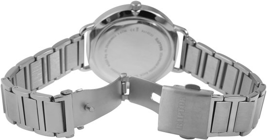 Achterkant van een zilverkleurig horloge met roestvrijstalen band en Raptor logo op de sluiting.