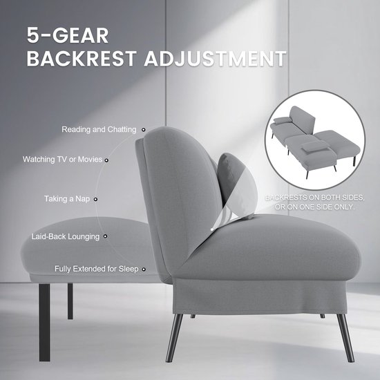 Grijze slaapbank met verstelbare rugleuning, toont verschillende posities: 'Reading and Chatting', 'Watching TV or Movies', 'Taking a Nap', 'Laid-Back Lounging', 'Fully Extended for Sleep'.