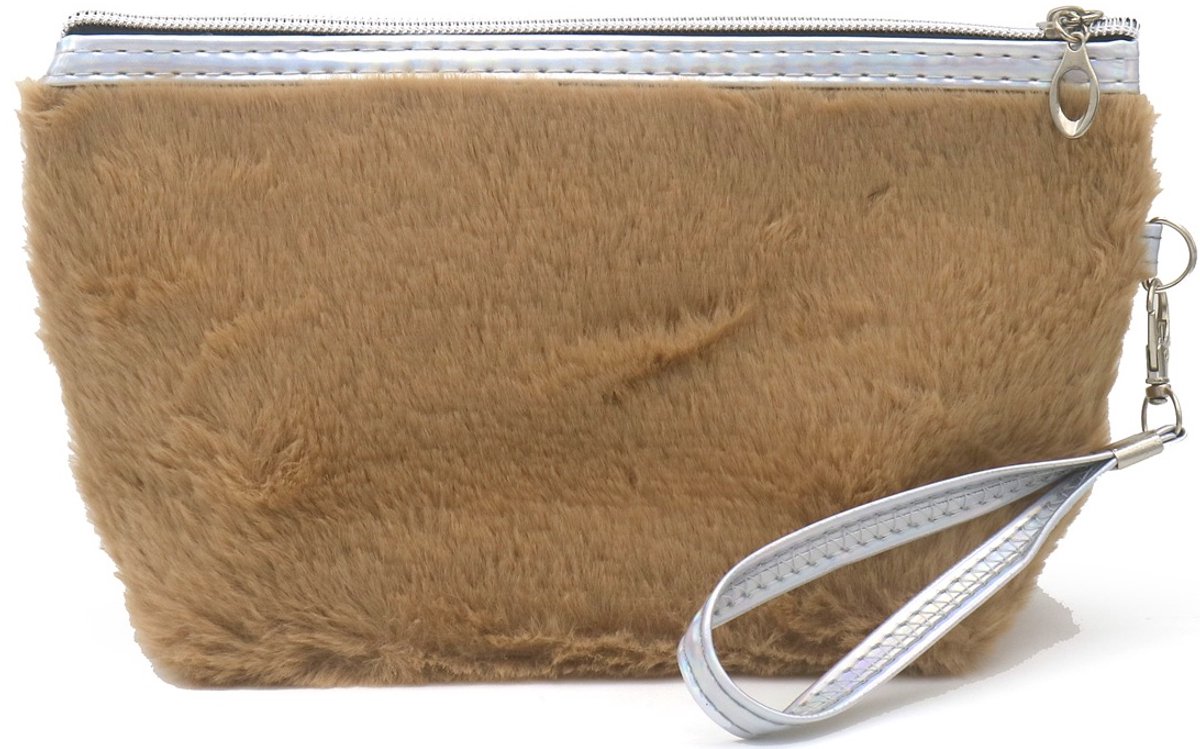 Make-up tas - fluffy - bruin - 24x13x8 cm