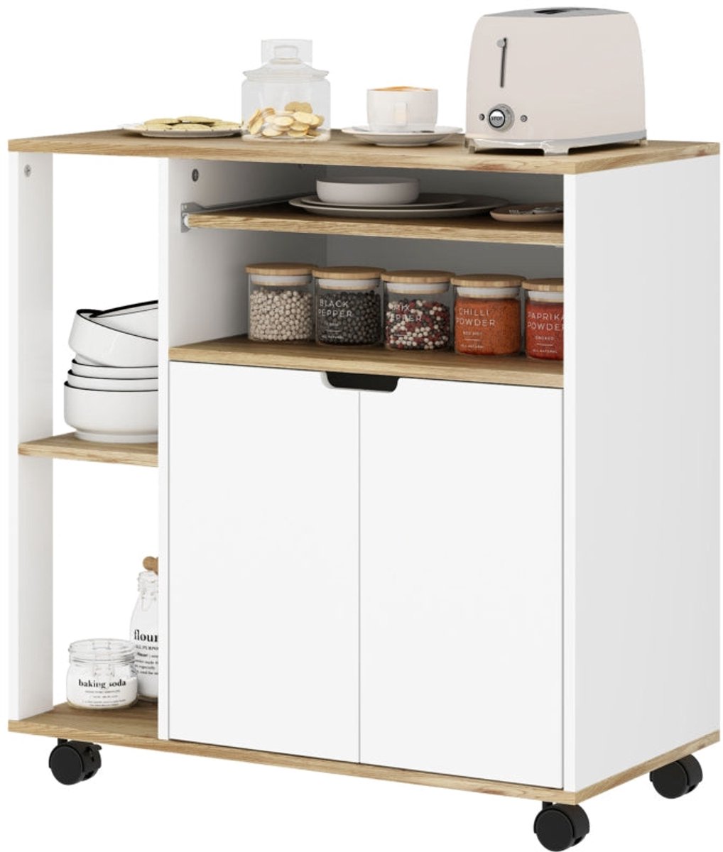 Merax Keukentrolley op Wielen - Keukenwagen met Kast en Verstelbare Plank - Opbergwagen met Werkblad - Wit met Houtkleurig Blad - 80 x 40 x 82 cm