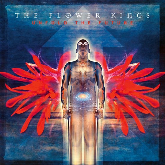 Albumcover van The Flower Kings met de titel 'Unfold The Future'. Een man met vleugels staat centraal, met kosmische details.