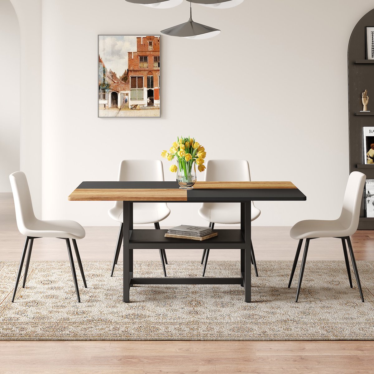 REDOM Eethoek - Met Opbergplank En 4 Stoelen - Modern - Voor Eetkamer - MDF En Metaal Met PU - Bruin, Zwart En Wit - 160 Cm Bruin+Zwart+Wit