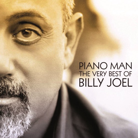 Albumcover met close-up van Billy Joel, met tekst 'Piano Man The Very Best of Billy Joel'.