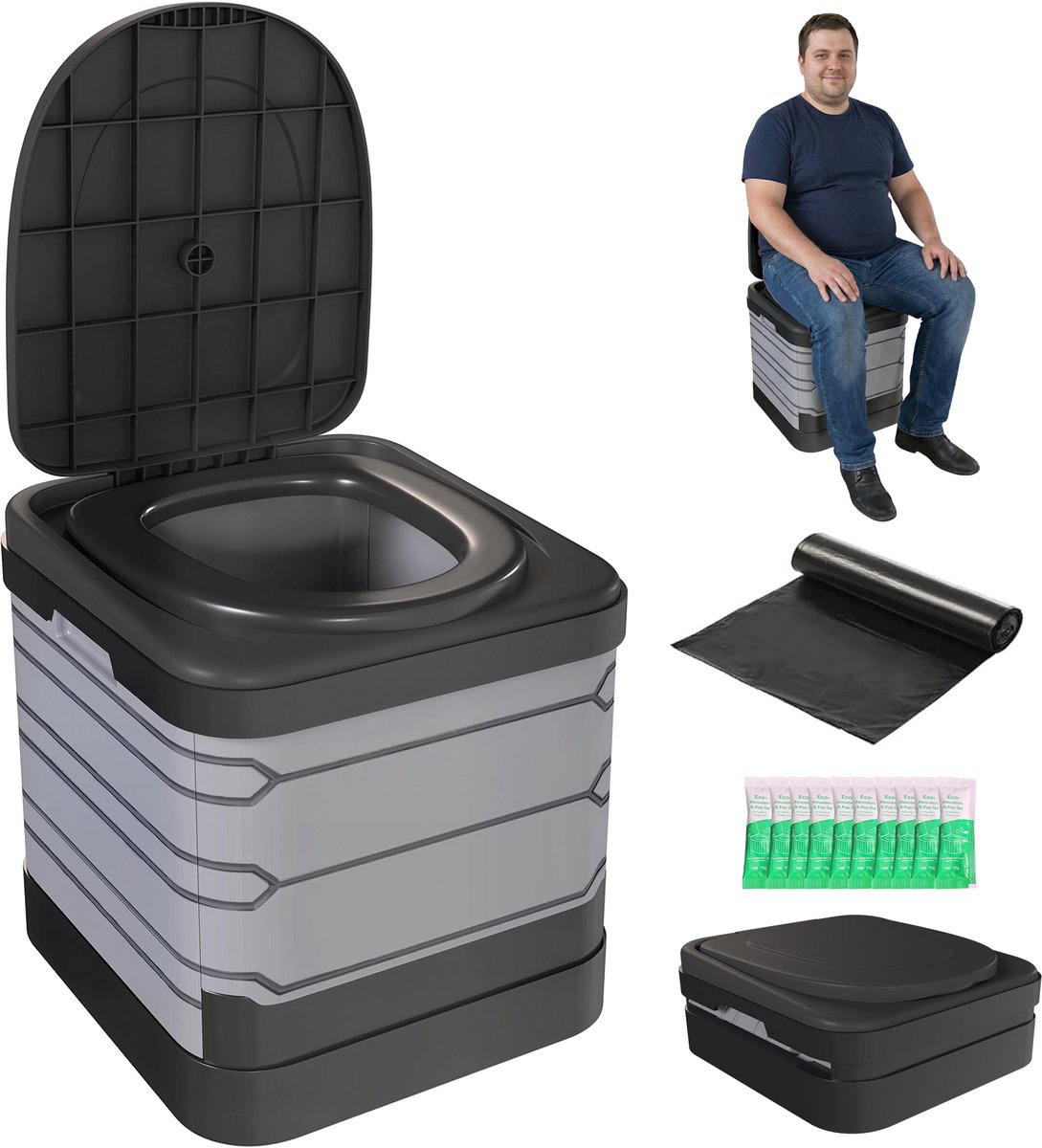 Outsunny Draagbaar Toilet-Kunststof-42L x 46B x 43,5H cm-Grijs