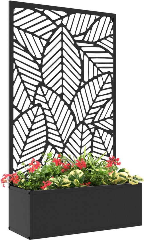 Tuinscherm Met Bloembak - Privacy Wand Staand - Metaal Stevig - Met Plantvak - Voor Tuin & Terras - Zwart