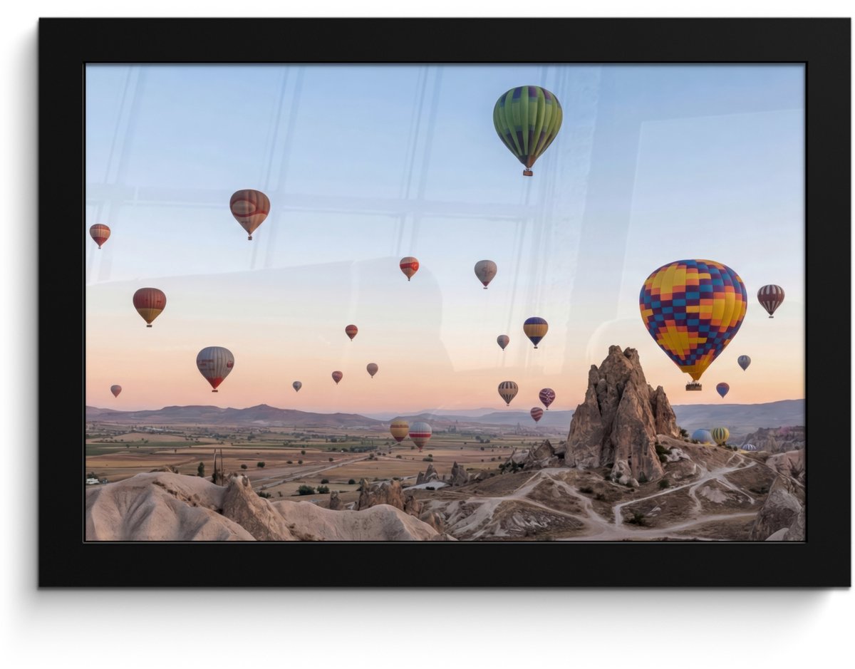 FrameYourWall Poster in lijst - Fotolijst 30x20 cm - Posters - Luchtballonnen - Rotsen - Zonsopgang - Posterlijst zwart - Decoratie - Wanddecoratie woonkamer - Muurdecoratie slaapkamer