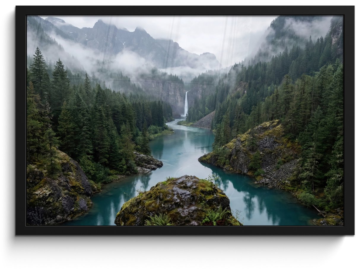 FrameYourWall Poster in lijst - Fotolijst 60x40 cm - Posters - Waterval - Bomen - Bergen - Posterlijst zwart - Decoratie - Wanddecoratie woonkamer - Muurdecoratie slaapkamer