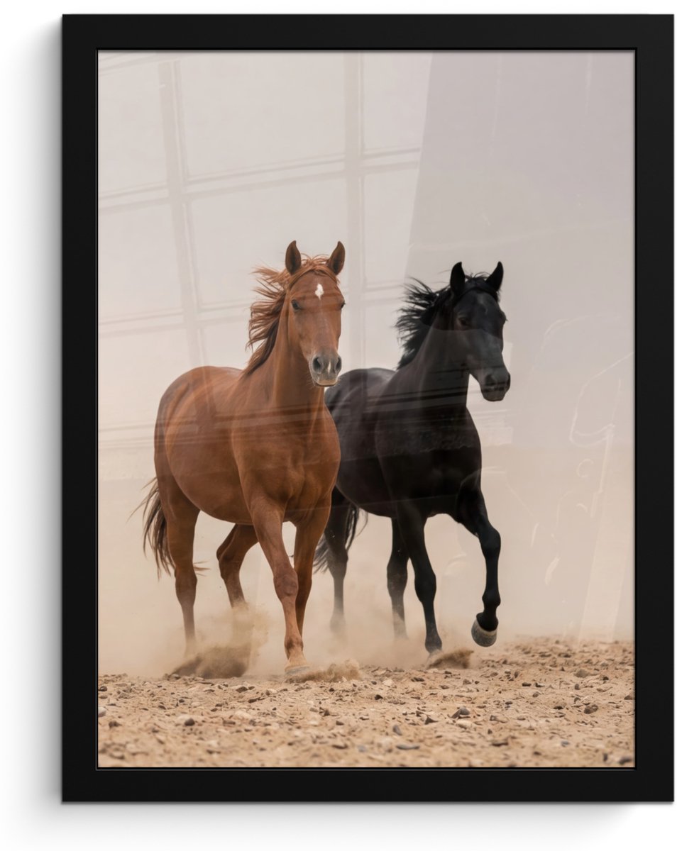 FrameYourWall Poster in lijst - Fotolijst 30x40 cm - Posters - Kudde paarden - Stofwolk - Bruin - Zwart - Posterlijst zwart - Decoratie - Wanddecoratie woonkamer - Muurdecoratie slaapkamer