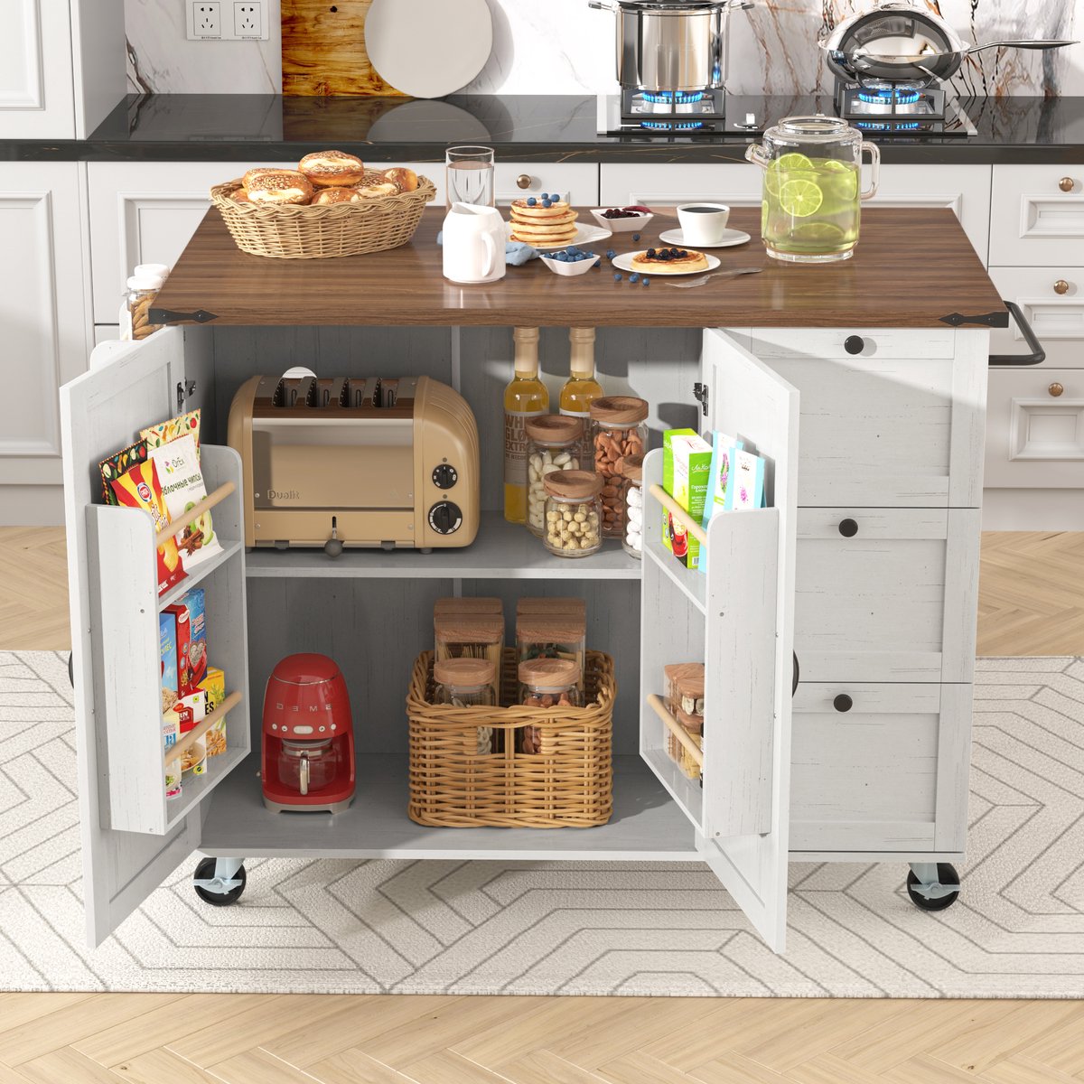 Wishdor - Keukeneiland - Uitschuifbaar Werkblad - Verrijdbaar - Houtnerf - MDF - Beige - 140 X 45 X 92,5 Cm