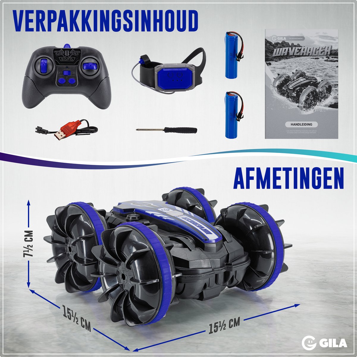 GILA Bestuurbare Auto All-Terrain - RC Auto met 2 Accu's - Waterdicht - Speelgoed Autos Jongens - Buitenspeelgoed - Race Car/Boot Land & Water - 1,5u Speelplezier - Radiografisch — afbeelding 5