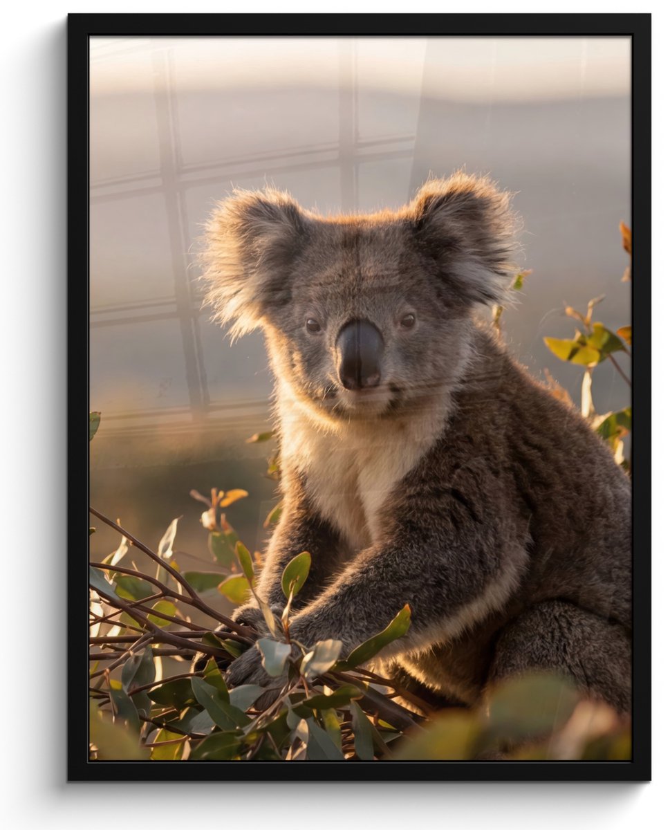 FrameYourWall Poster in lijst - Fotolijst 60x80 cm - Posters - Koala - Bladeren - Ochtendlicht - Posterlijst zwart - Decoratie - Wanddecoratie woonkamer - Muurdecoratie slaapkamer