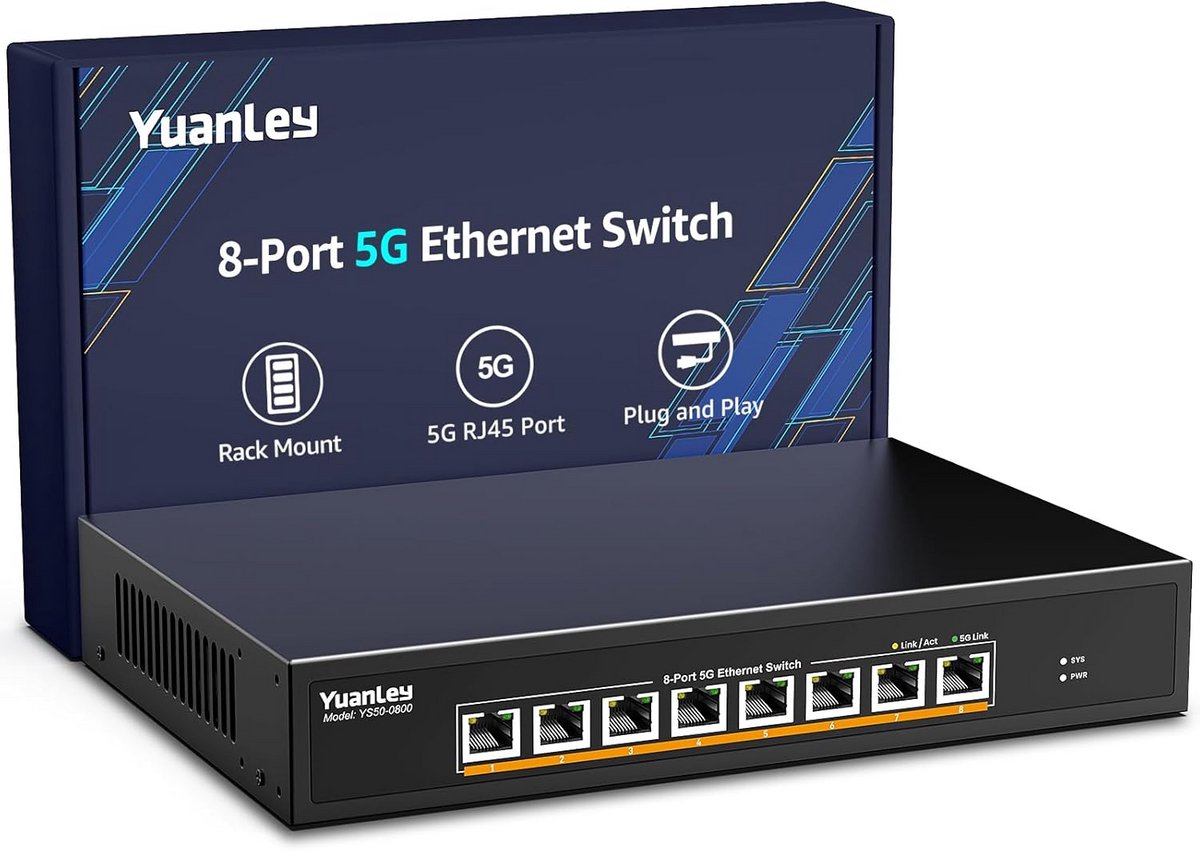 8-Poorts 5G Gigabit Ethernet Switch - Rackmonteerbare Unmanaged Netwerkschakelaar