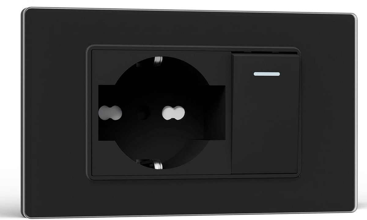 Inbouw Stopcontact met Enkele Schakelaar Zwart Glaspaneel 10A/16A