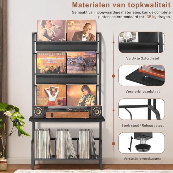 SNJY® Platenspeler Meubel - Platenspeler Kast - LP Houder - Platenhouder - 30D x 70B x 144H cm - Zwart — afbeelding 4