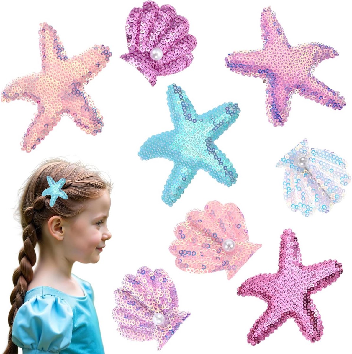 8x Glitter Zee- en Schelp Haarclips - Strand Haaraccessoires met Parels - Kleurrijk