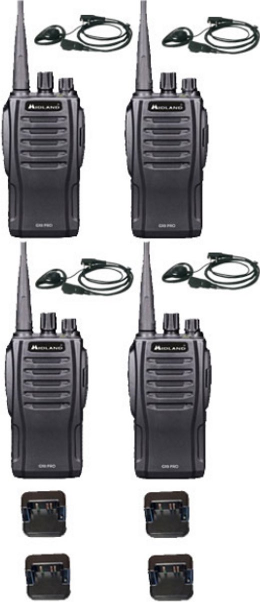 Set van 4 Midland G10 Pro Portofoon met tafellader en D-shape oortje