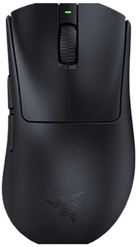 Zwarte Razer DeathAdder V3 hyperspeed gaming muis met scrollwiel en Razer logo.