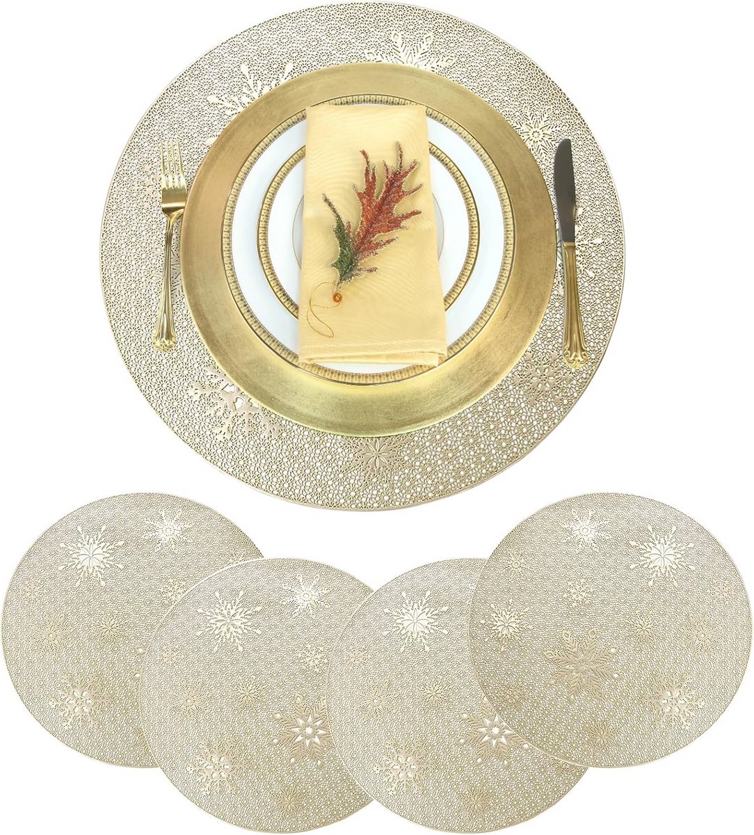 4 Ronde Kerstplacemats Sneeuwvlokken PVC Hittebestendig en Afwasbaar