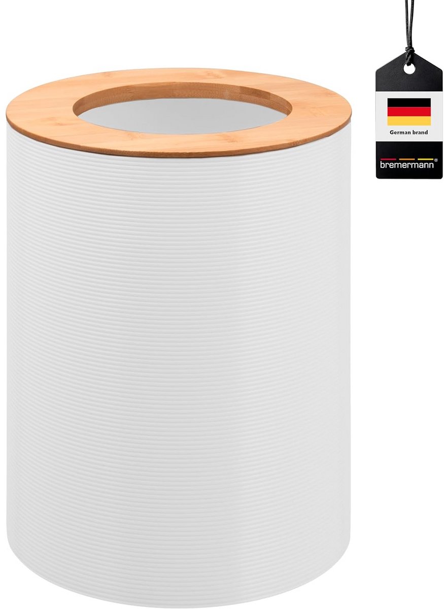 Kleine afvalemmer met bamboe deksel - 5,5 liter - Witte prullenbak voor badkamer of toilet