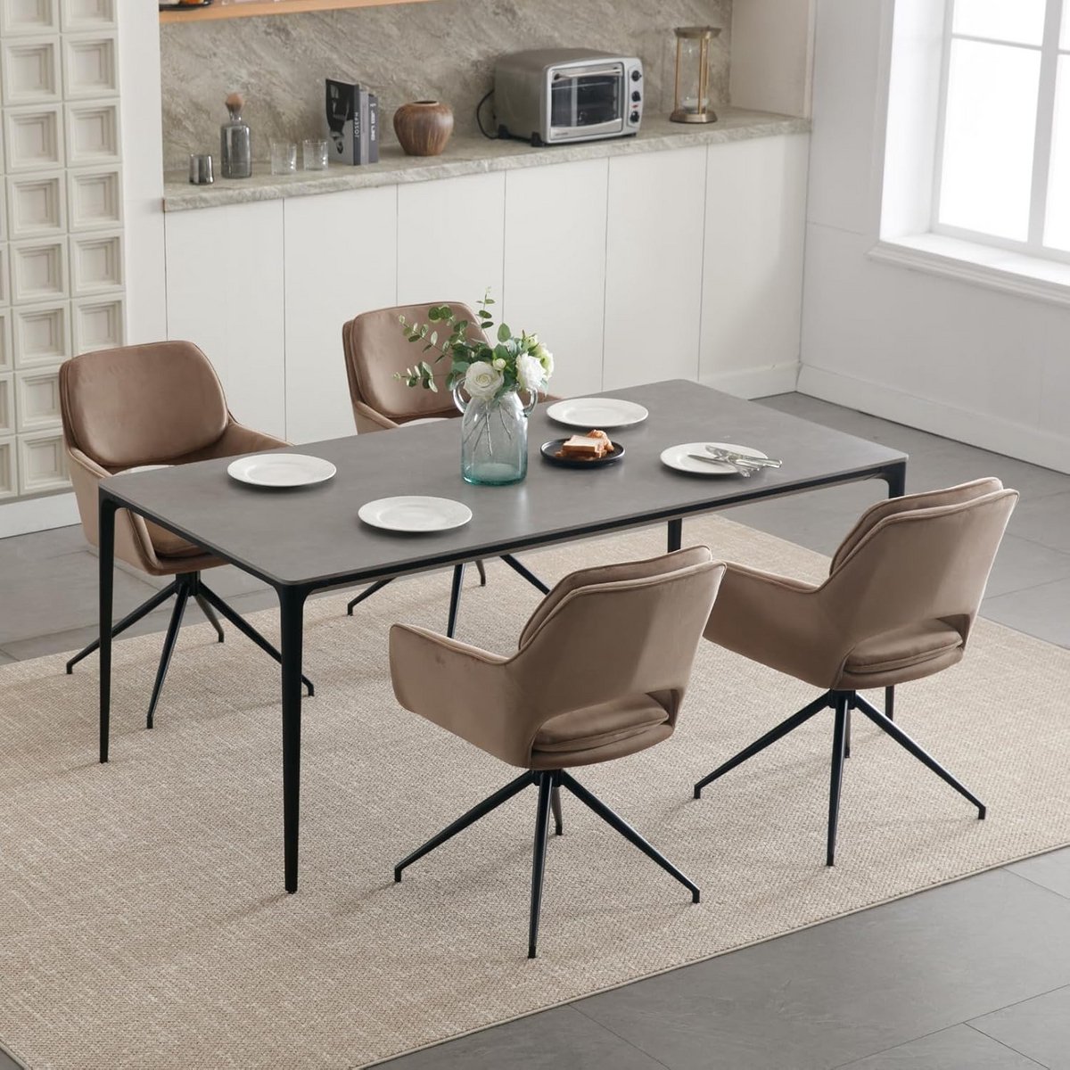 Set van 4 Draaibare Eetkamerstoelen Bekleed met Armleuningen - Bruin