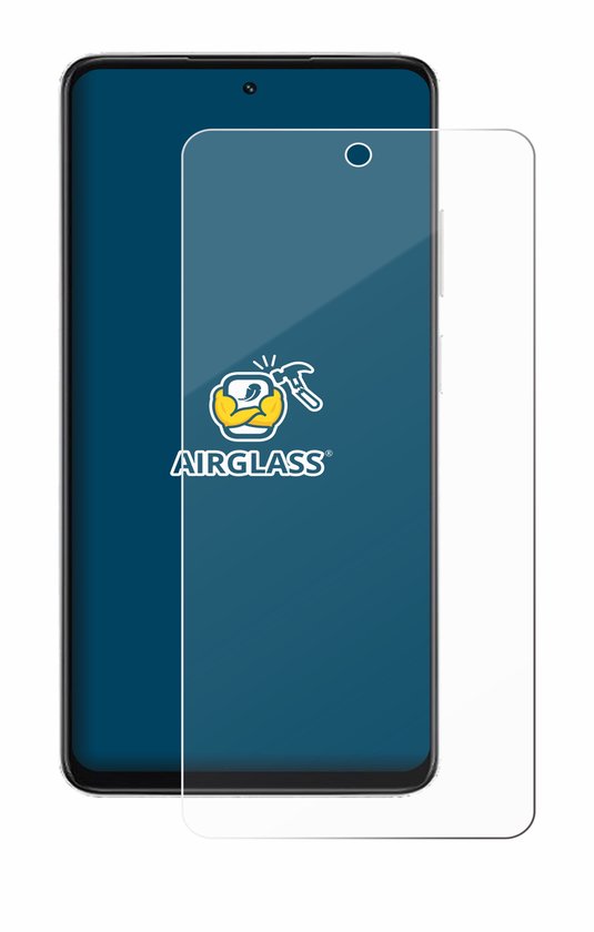 Transparante screenprotector van AIRGLASS® op een blauwe smartphone.