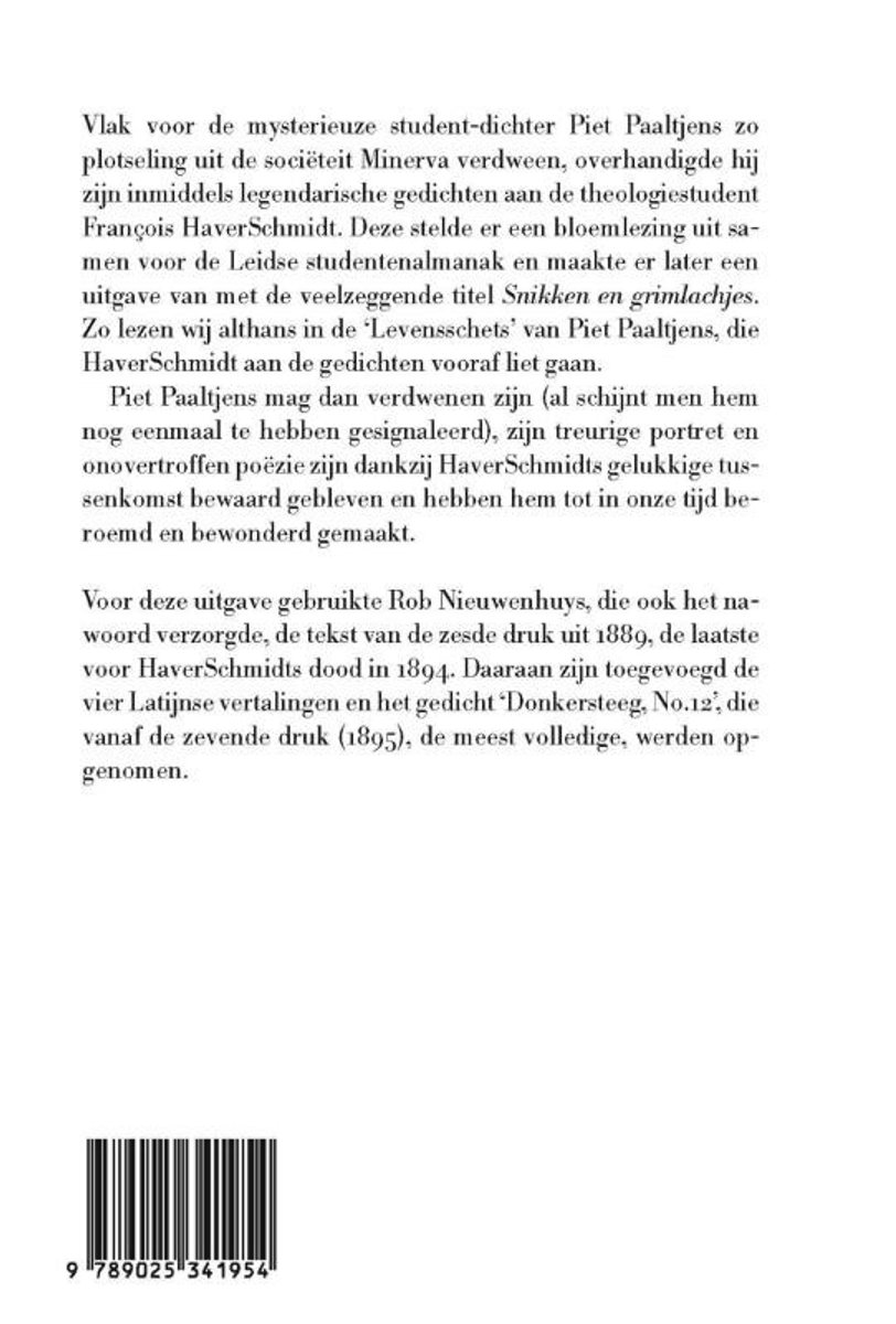 Boekpagina met tekst over Piet Paaltjens en de bundel Snikken en grimlachjes. Barcode onderaan.