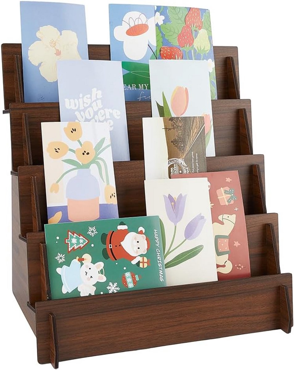 Houten Display Stand 4-laags voor Wenskaarten, Stickers en Sieraden