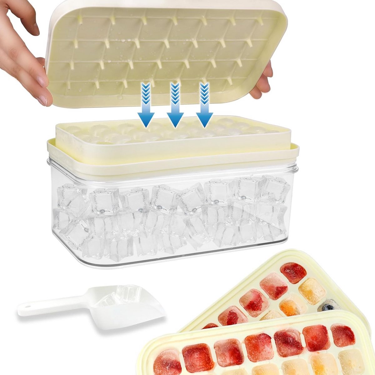 Silicone ijsblokjesvorm 2 stuks met deksel emmer en schepje 56 compartimenten beige