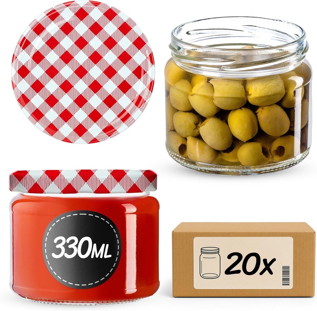 Inmaakpotten met schroefdeksel, 330 ml, rood geruit, 20 stuks
