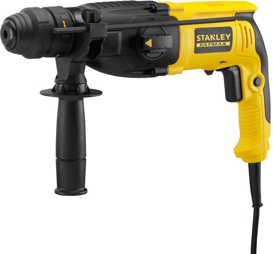 Gele en zwarte Stanley Fatmax SDS-Plus boorhamer met extra handgreep.