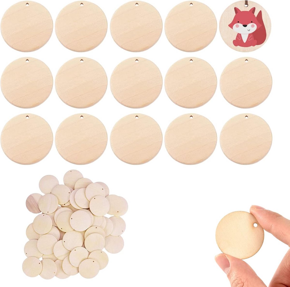 50 stuks natuurlijke houten schijven met gat, 4 cm diameter - onafgewerkt voor knutselen en decoratie