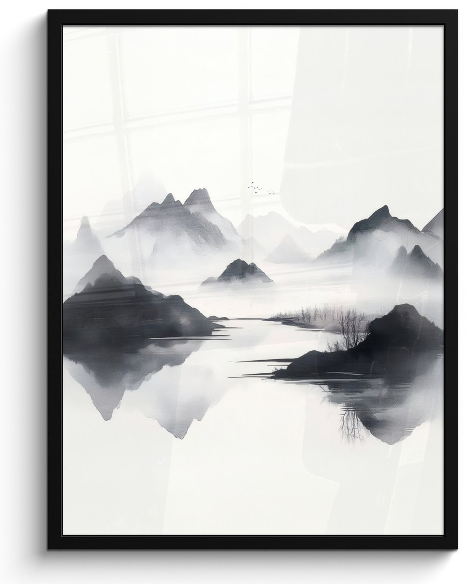 FrameYourWall Poster in lijst - Fotolijst 50x70 cm - Posters - Bergen - Mistig - Water - Wit - Posterlijst zwart - Decoratie - Wanddecoratie woonkamer - Muurdecoratie slaapkamer