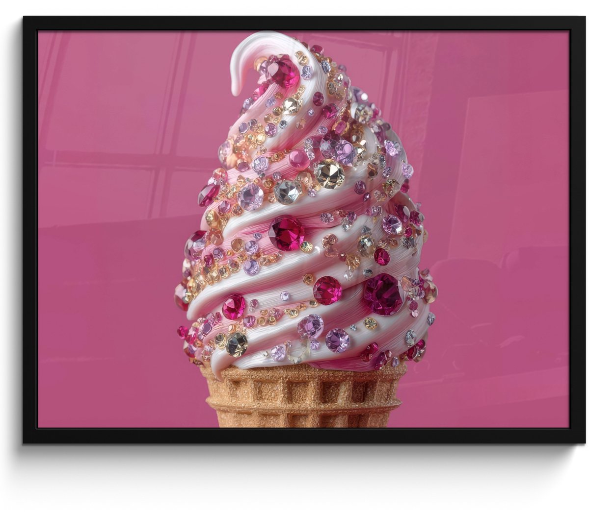 FrameYourWall Poster in lijst - Fotolijst 70x50 cm - Posters - Softijs - Edelstenen - Roze - Hoorntje - Posterlijst zwart - Decoratie - Wanddecoratie woonkamer - Muurdecoratie slaapkamer