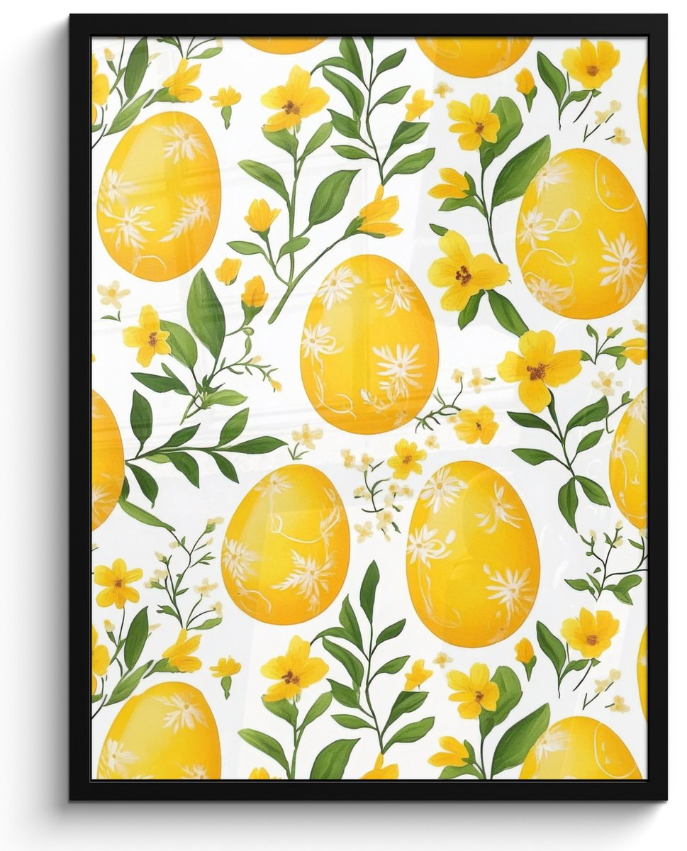 FrameYourWall Poster in lijst - Fotolijst 50x70 cm - Posters - Bloemen - Paaseieren - Geel - Posterlijst zwart - Decoratie - Wanddecoratie woonkamer - Muurdecoratie slaapkamer Pasen