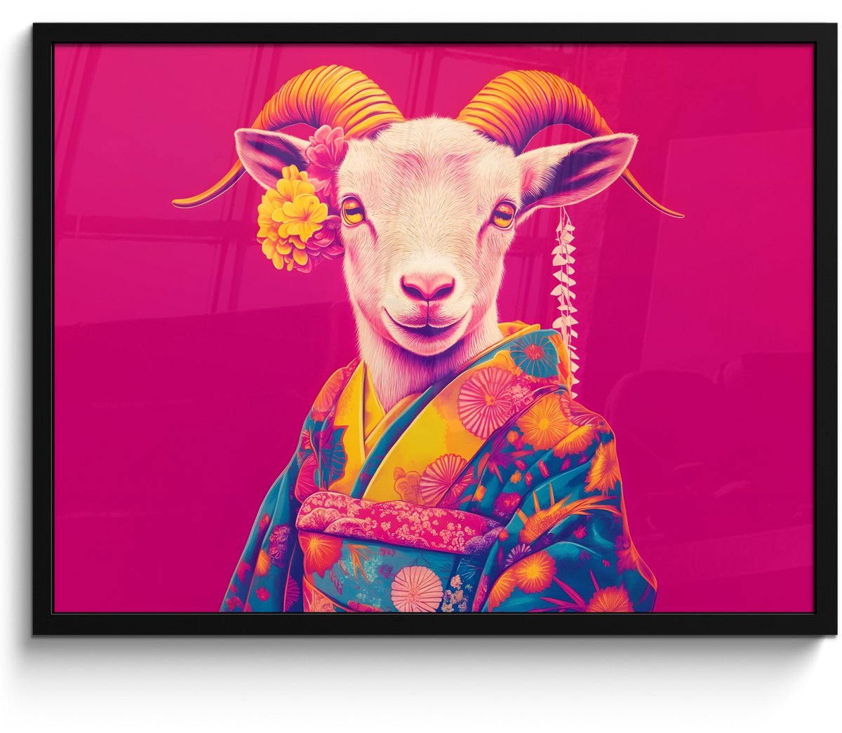FrameYourWall Poster in lijst - Fotolijst 70x50 cm - Posters - Geit - Hoorns - Kimono - Kleurrijk - Posterlijst zwart - Decoratie - Wanddecoratie woonkamer - Muurdecoratie slaapkamer