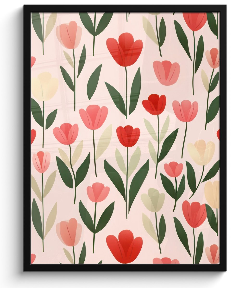 FrameYourWall Poster in lijst - Fotolijst 50x70 cm - Posters - Tulpen - Modern - Roze - Posterlijst zwart - Decoratie - Wanddecoratie woonkamer - Muurdecoratie slaapkamer Bloemen