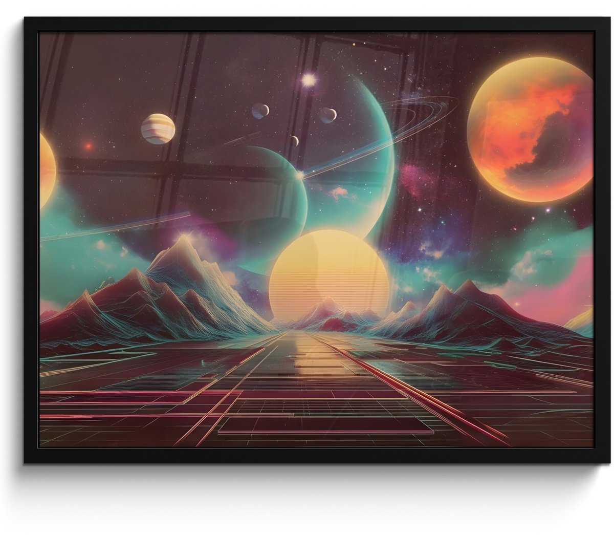 FrameYourWall Poster in lijst - Fotolijst 70x50 cm - Posters - Planeten - Neon - Berglandschap - Zon - Posterlijst zwart - Decoratie - Wanddecoratie woonkamer - Muurdecoratie slaapkamer