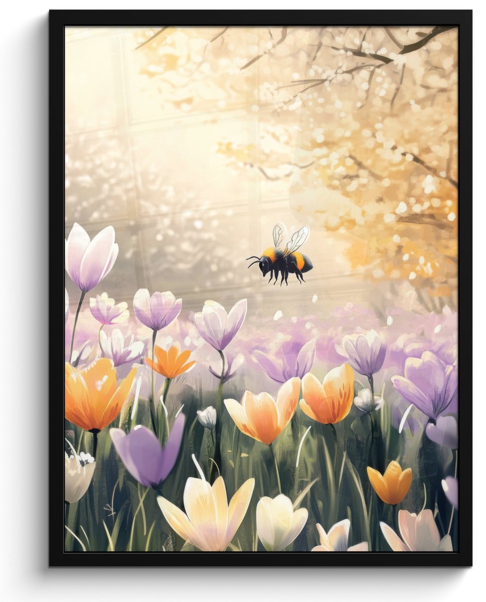 FrameYourWall Poster in lijst - Fotolijst 50x70 cm - Posters - Viooltjes - bij - Zonlicht - Posterlijst zwart - Decoratie - Wanddecoratie woonkamer - Muurdecoratie slaapkamer Bij - Bloemen